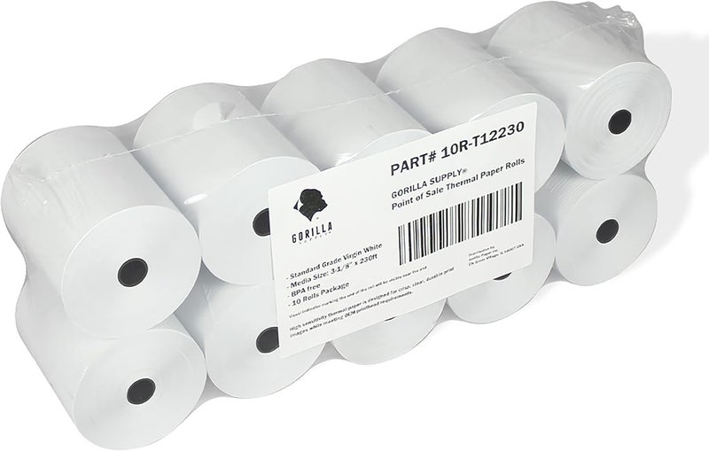 Gorilla Supply 55gsm 3 1/8 x 230 Thermal Paper Receipt Roll Clover Station Solo Duo TM-T88 T20 T90 Bixolon SRP-350 370, 3.125 x 230 ft Cash Register Paper, BPA Free, 10 Rolls - Image 1